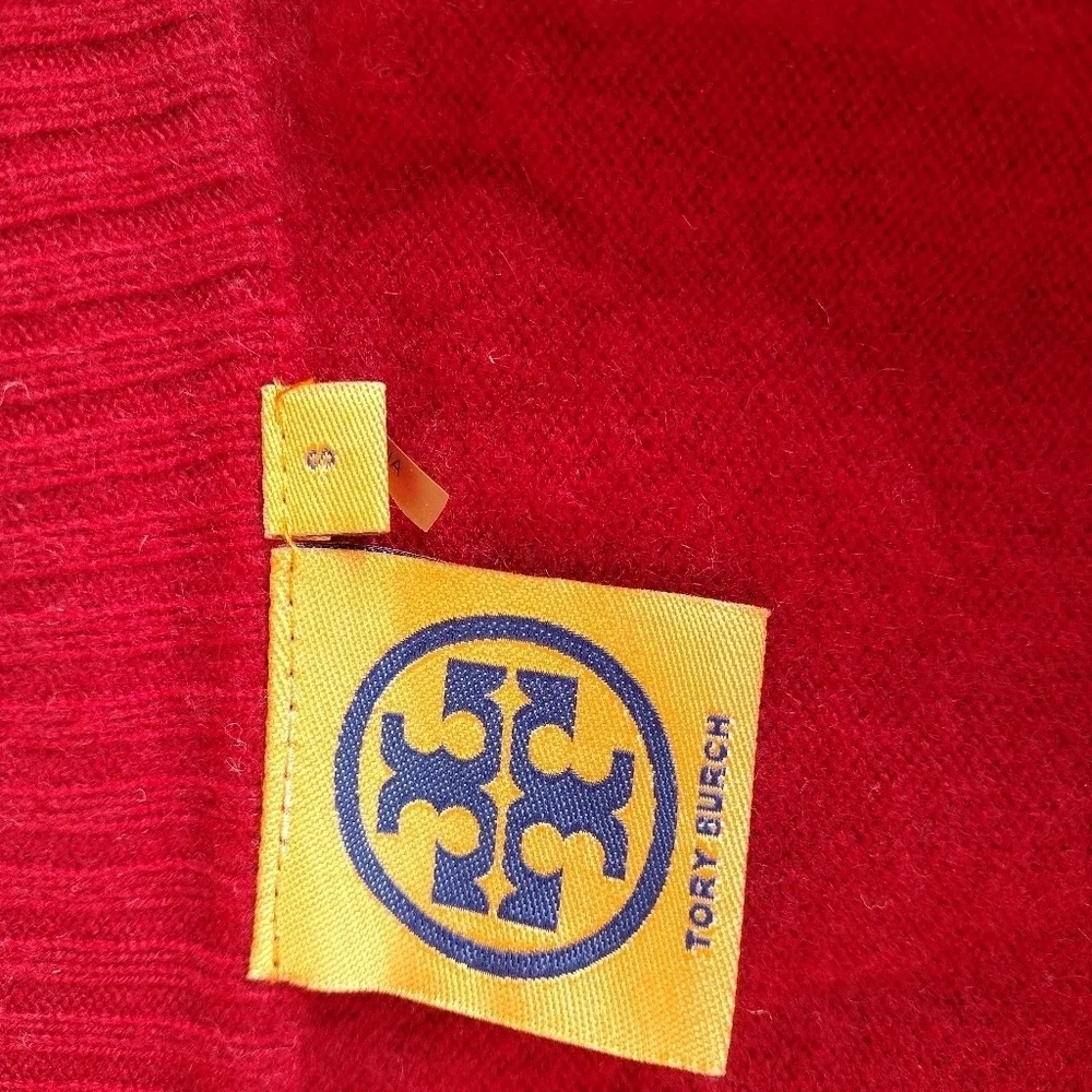 Tory Burch Inez Cashmere V Neck Logo Cardigan Red Size Small HOLE See Pics